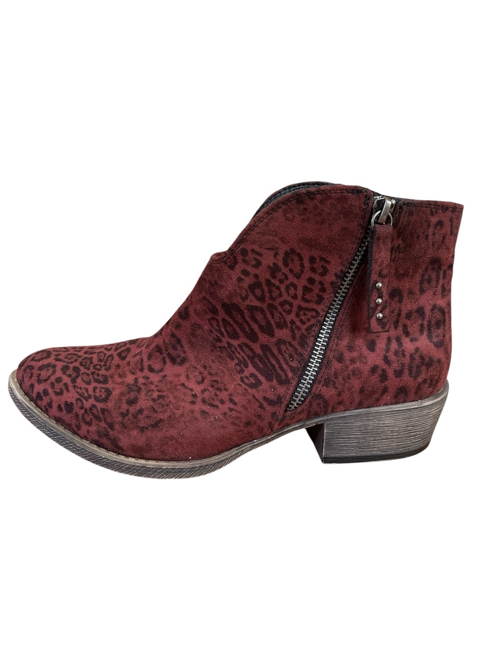 Very G Burgundy Leopard-Print Faux Suede Ankle Booties Size 8